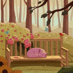 A purple cat curled asleep on a wooden garden bench surrounded by pink roses, a red bird and a sunflower