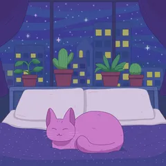 A purple cat curled up on a bed under a big window lined with cacti and houseplants, an indigo city skyline and stars outside