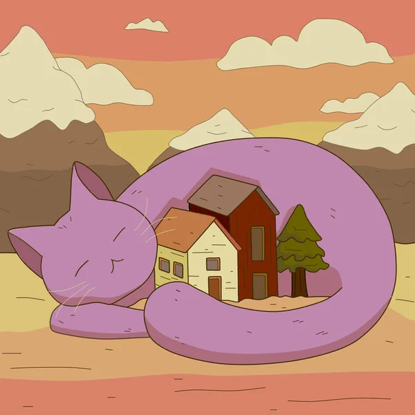 A giant sleeping purple cat curled around a tiny village of houses and a pine tree, under peach clouds and sandy mountains