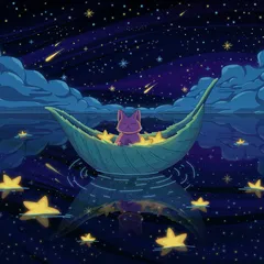 A purple cat in a leaf-shaped boat holding stars, floating on a reflective sea scattered with glowing yellow stars and swirling blue clouds