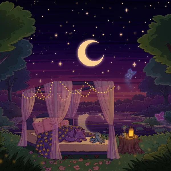 A canopy bed with string lights and sheer curtains on a hilltop under a crescent moon and stars, a purple cat asleep inside by a glowing lantern